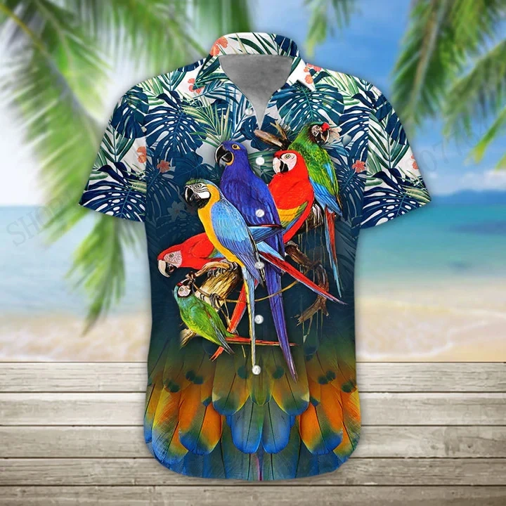 Men Lapel Short Sleeve Shirt Tropical Beach Parrot Treasure Chest Gold Coin Palm Leaf Print Loose Holiday Button Casual Tops