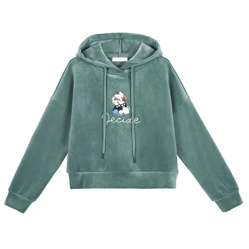 Women\'s Hooded Embroidery Sweatshirt 2023 Autumn Winter New Add Velvet Thickened Warm Top Lady Short Loose Coat 4XL