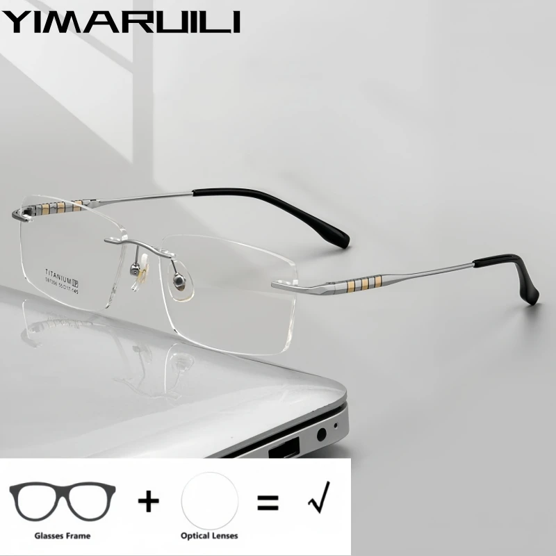 YIMARUILI Men Optical Prescription Rimless Glasses Blue Light Blocking Photochromic Anti-Reflective Anti-Scratch Recipe Eyewear