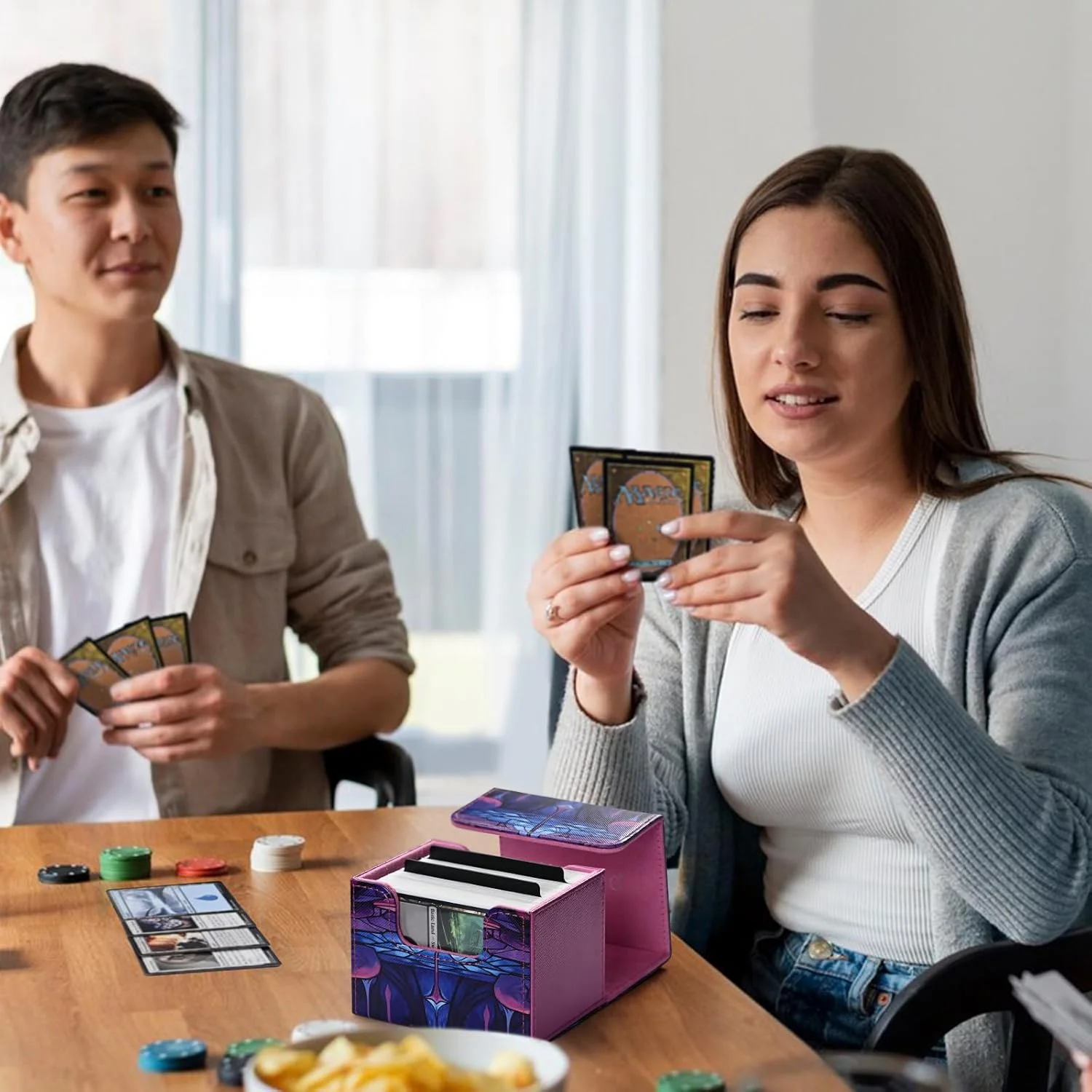 Deckbox für TCG-Karten, Sammelkarten-Aufbewahrungsbox für mehr als 120 Karten mit Ärmeln, PU-Leder-Kartenbox, passend für CCG-Zauberkarten – Detail 5