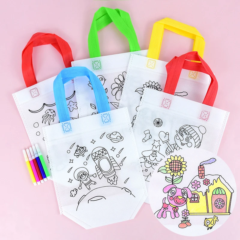 

10Sets Graffiti Bag Double Sided Non-woven Fabric Handbag With Colored Pen Handmade Painting Birthday Party Children Drawing Toy