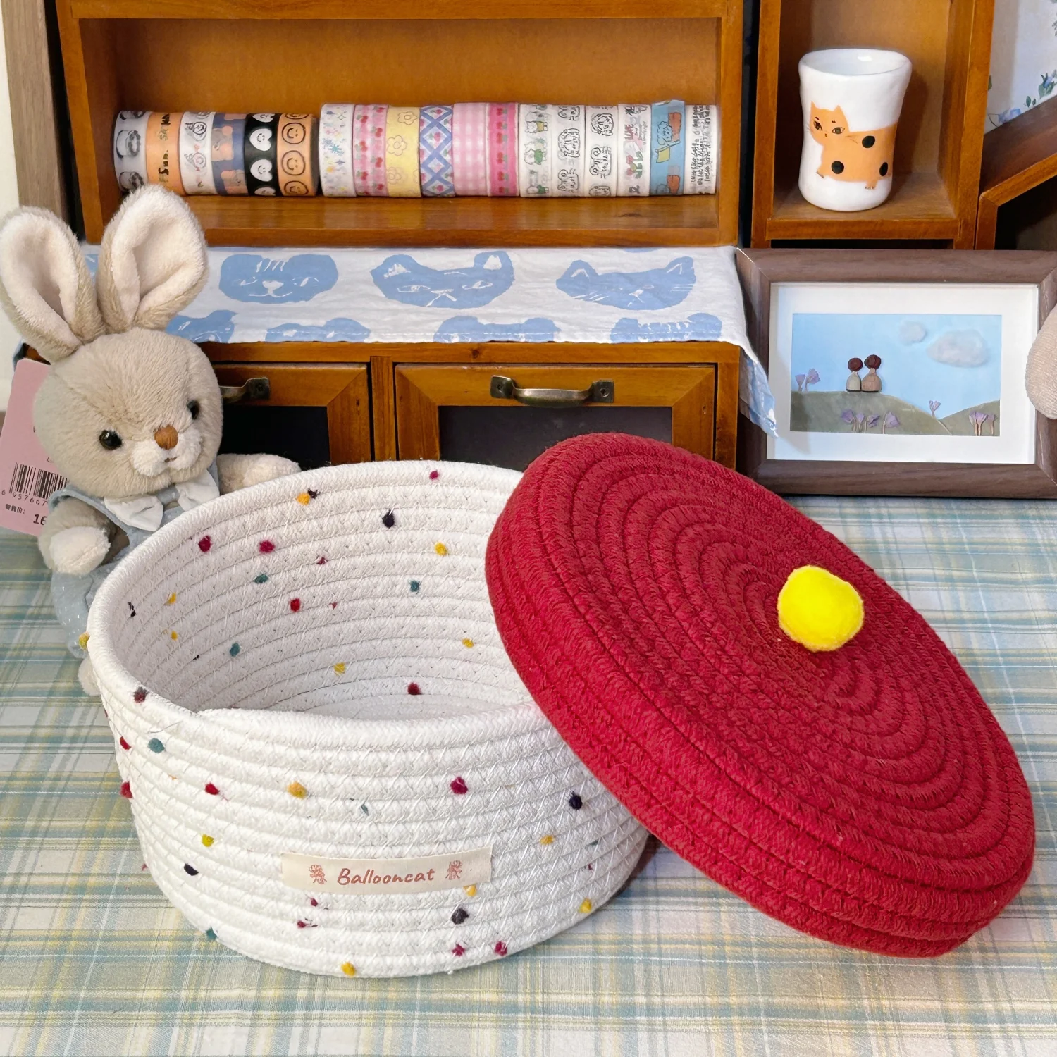 Dust-proof cotton rope woven storage frame with lid cute storage basket snack sundries cotton wire basket cosmetic storage box