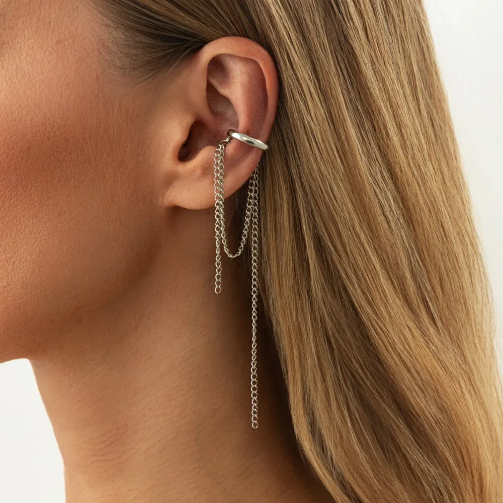 Korean Temperament Imitation Pearl Metal Chain Long Tassel C - Shaped No Ear Holes Earbone Clip for Women Clip Earrings Jewelry image 3