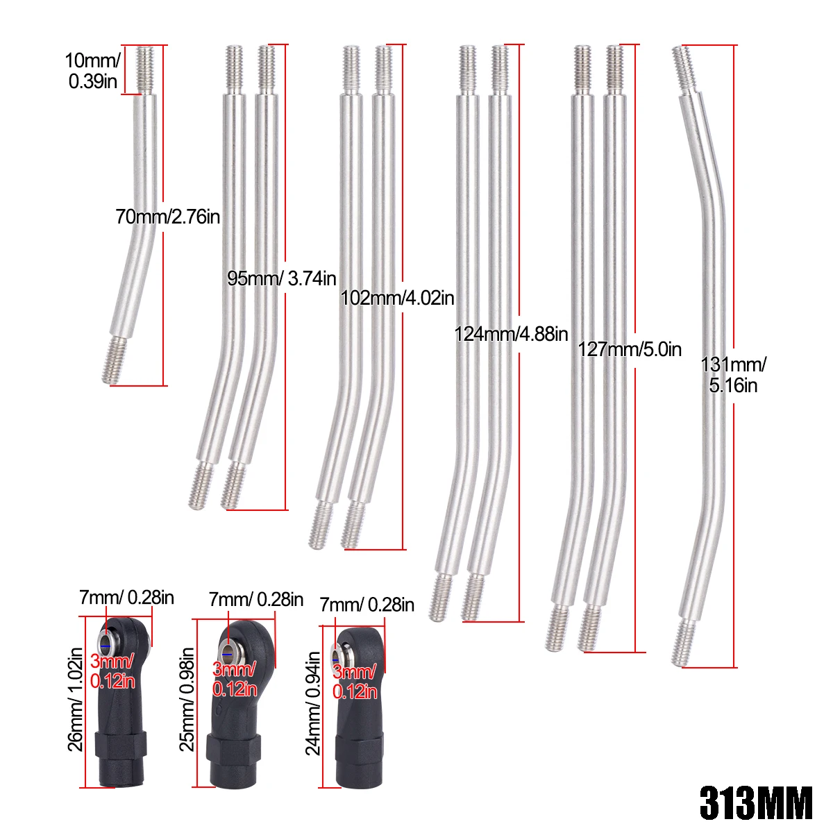 Enlaces de Metal RC de 313/324mm, conjunto de eslabones de chasis de conexión superior e inferior con extremos de varilla de plástico para coche trepador de control remoto AXIAL SCX10 II 1/10 90046