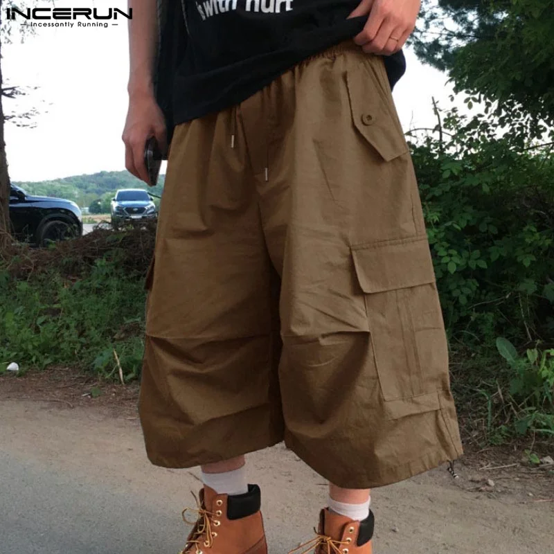 

INCERUN 2025 Korean Style Stylish Pantalons Men Solid Pocket Cargo Trousers Leisure Simple Male All-match Calf Length Long Pants
