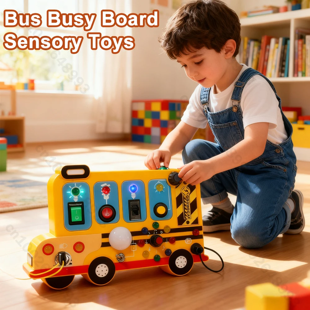 

Доска Монтессори, сенсорные игрушки, автобус со светодиодным выключателем света, плата управления, многофункциональная светодиодная детская кнопка, игры, рождественские подарки