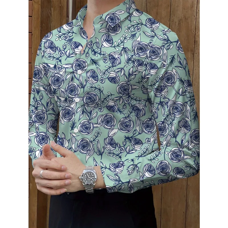 Camisa elegante de manga comprida para homens, fibra elástica com estampa floral tropical, ajuste regular, design de fecho, conforto durante todo o ano e d