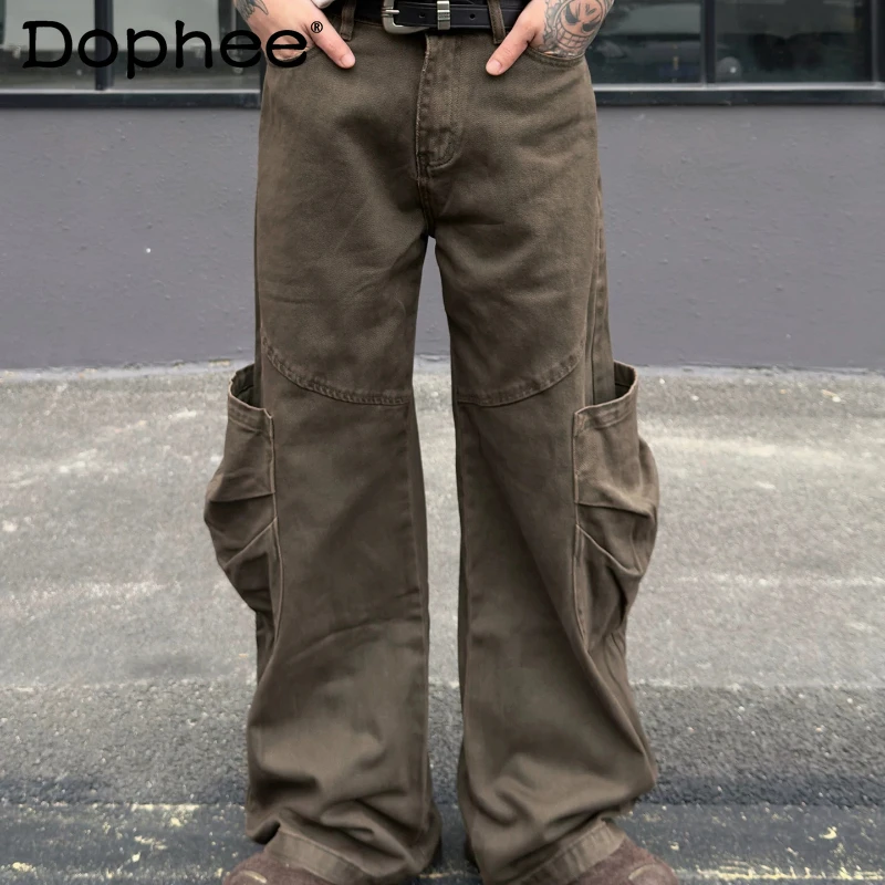 

Fashion Big Pocket Tooling Jeans Men Women 2026 Spring Loose Comfort Wide Leg Denim Pants Handsome Trendy Curved Denim Trousers
