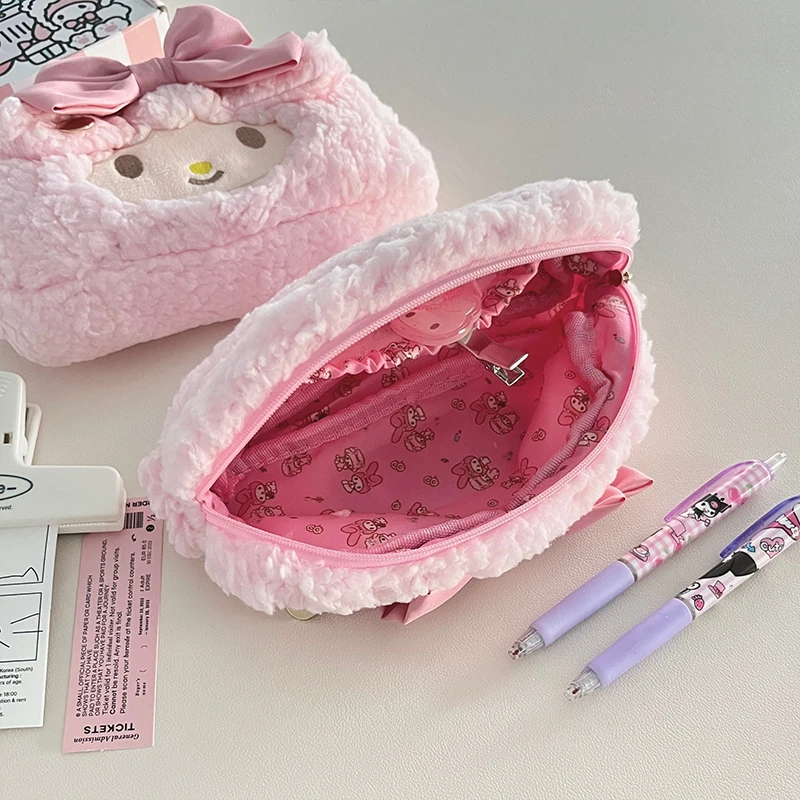 Cartoon sanrio Melody Fashionable Latest Pink Plush High Aesthetic Girl's Heart-shaped Pencil Case With Large Capacity