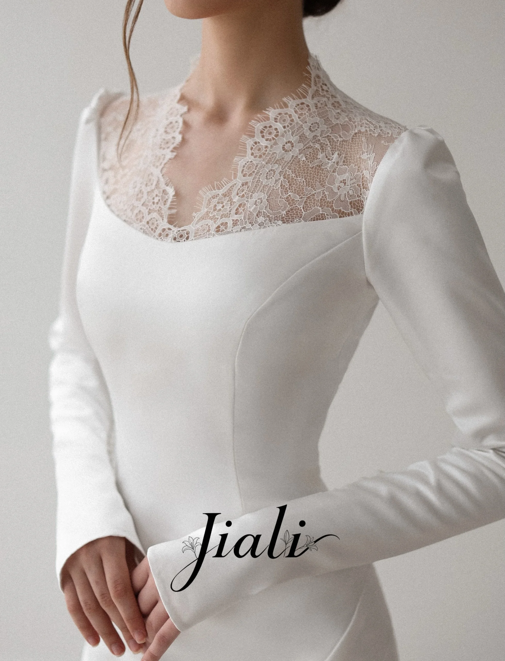 Jiali Customized White Satin Mermaid Wedding Dress Long Fitted Sleeve Illusion Lace Neck Bridal Gown Side Buttons Chapel Train
