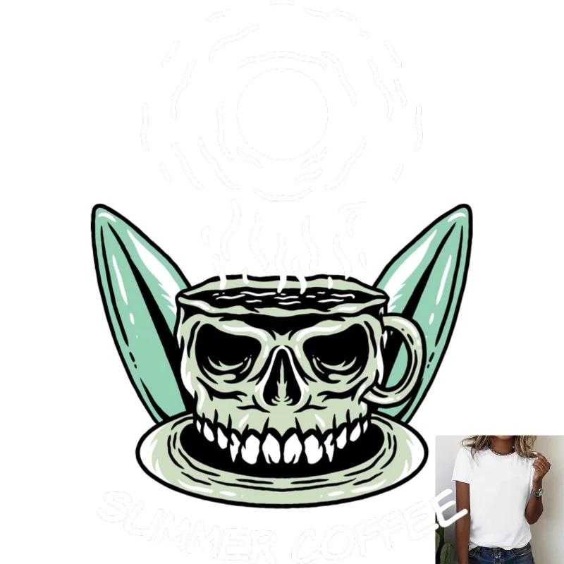Gothic Skull Coffee Cup Heat Transfer White Ink Iron - on Patch, Edgy Design for T - shirts, Canvas Bags & More, DIY Creative