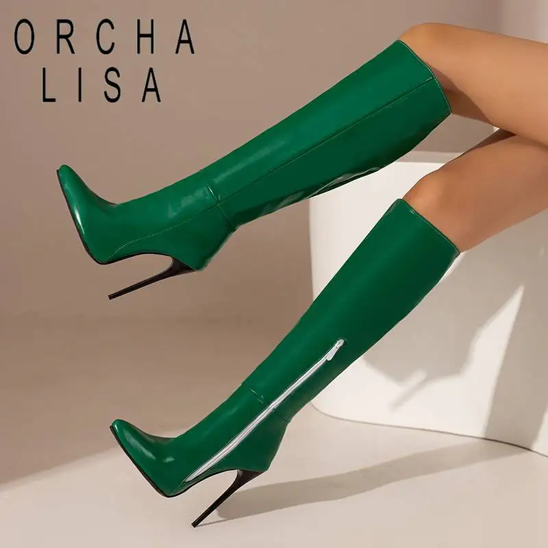 

ORCHA LISA Ladies Knee Boots 39cm Patent Stiletto High Heel 12cm Pointed Toe Zip Large Size 47 48 Sexy Warm Fur Black Red White