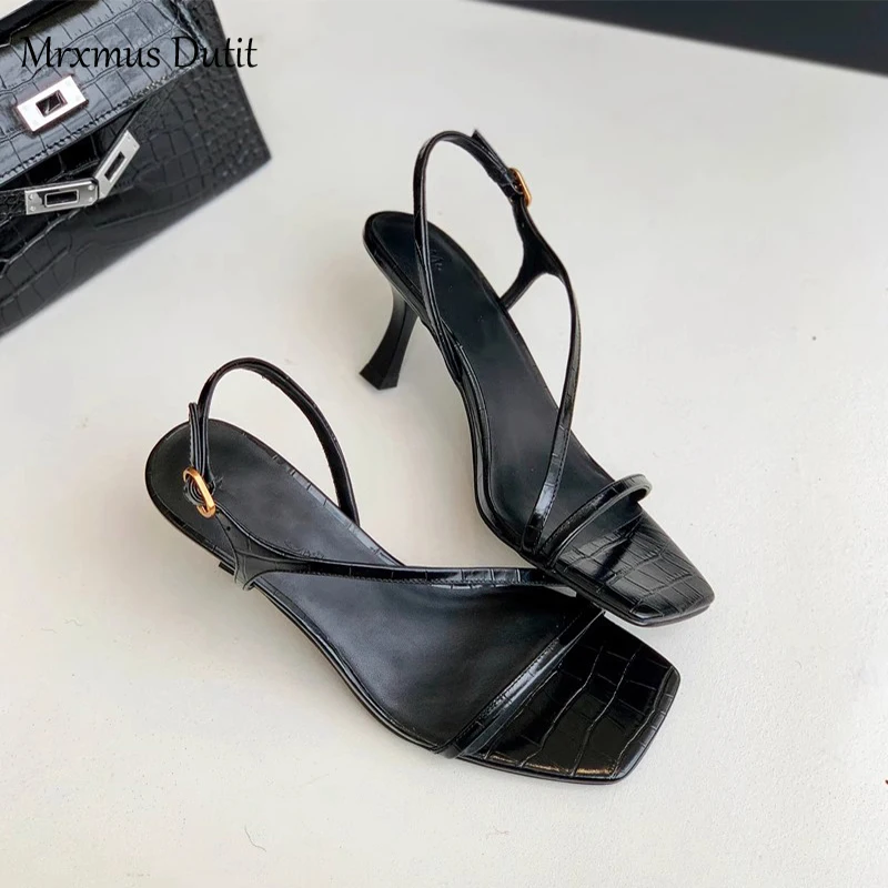 Mrxmus Dutit 2023 Summer Fashion Genuine Leather One Word Belt Stiletto High Heel Shoes Women Solid Simple Casual Sandal Female