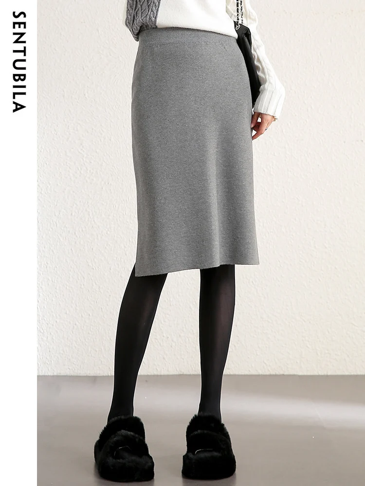 SENTUBILA Gray Hip Skirt Women Elastic Waist Fashion 2024 Autumn Winter Female Slit Midi Knitted Solid Skirts Woman W14Q38504