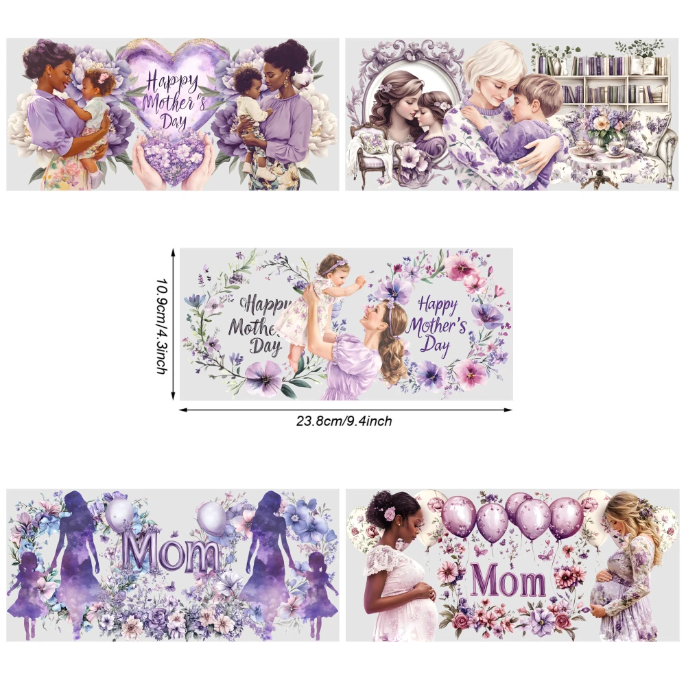 5 Sheets Happy Mother's Day Heart Floral Hands Purple Lavender Watercolor UV DTF Stickers for 16 oz Tumbler Plastic