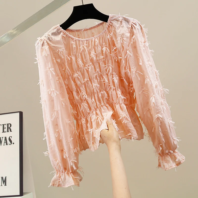 

Korean Sweet Pleated Ruffle Sve irt Women Spring Autumn Fairy Sle Overhead Long Sve round Ne Straight Cut Blouse