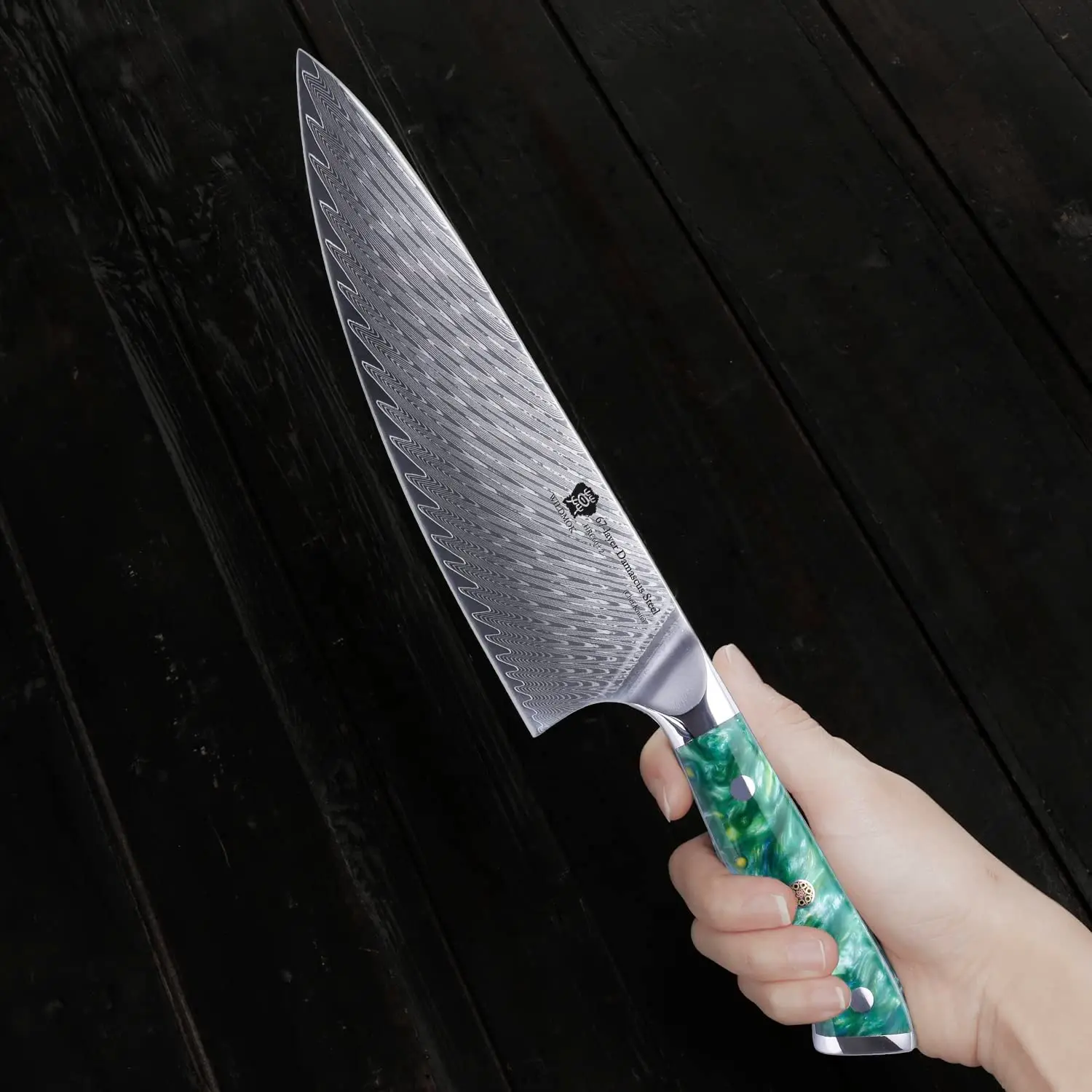 WILDMOK 8 Inch Japanese VG10 Damascus Chef Knife, Green Resin Handle for Home & Restaurant Kitchen, Premium Gift