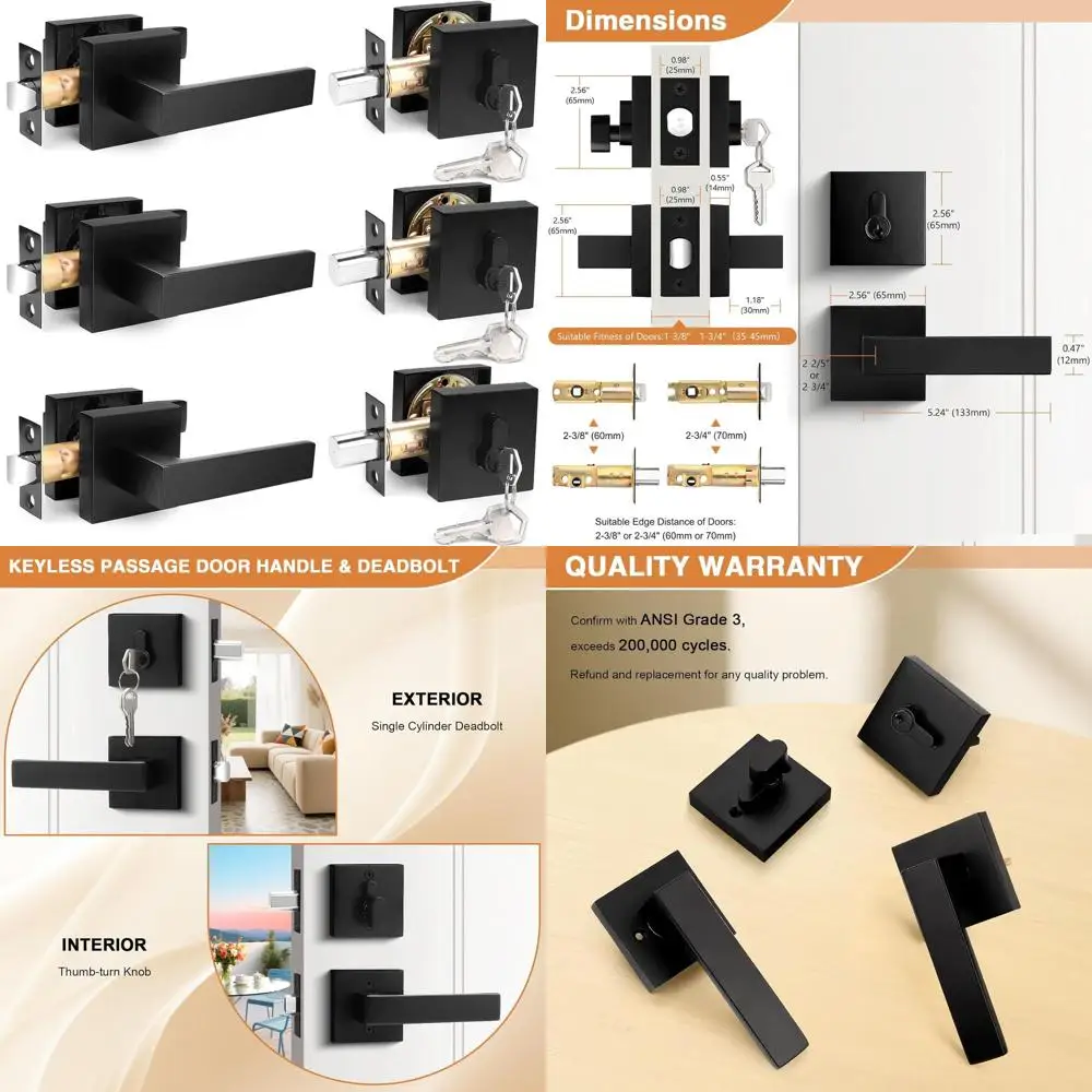 

Modern Square Exterior Door Handle Set with Single Cylinder Deadbolts Combo, 3-Piece Passage Lever Set