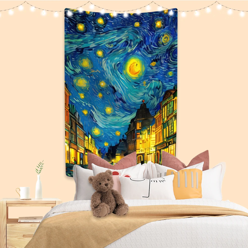 Famous Van Gogh Printed Tapestry Star Moon Night Room Decoration Wall Hanging Dorm Background Cloth Beach Blanket