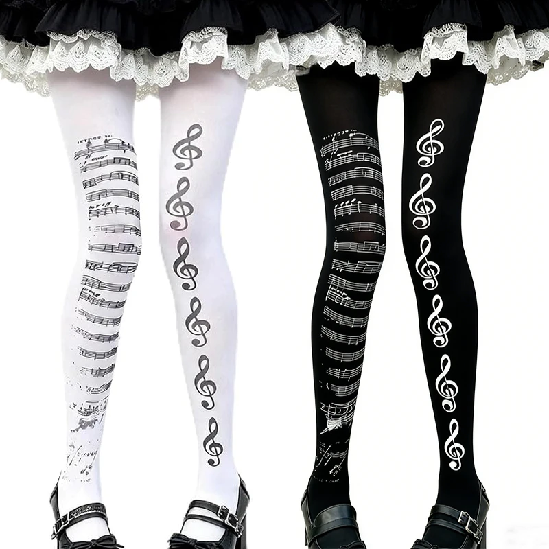 

Y2k Gothic Music Note Tights For Women Subculture Piano Patterned Stockings Girls Black White Elastic Fashion Pantyhose Leggings