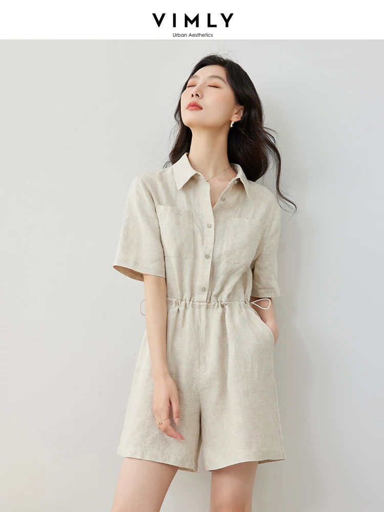 VIMLY Women\'s Casual Commuter Linen Short Playsuit 2024 Summer Cooling  Loose Romper Mid Waist Office Lady Tops Jumpsuit M7078