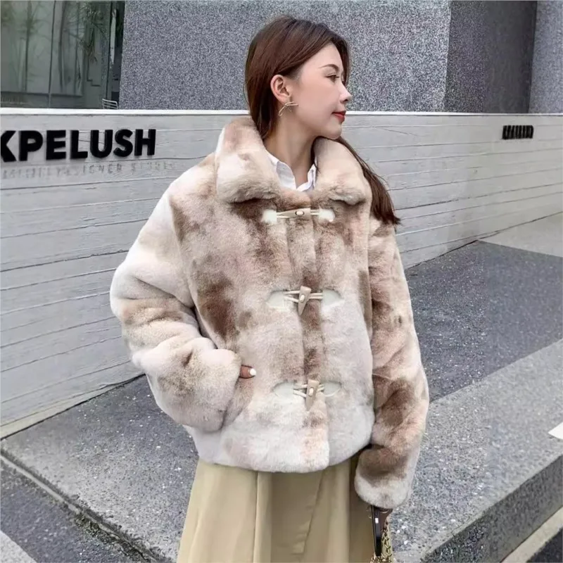 Short tie-dyed and printed mixed fur coat thick warm top cute fluffy lapel women's clothing