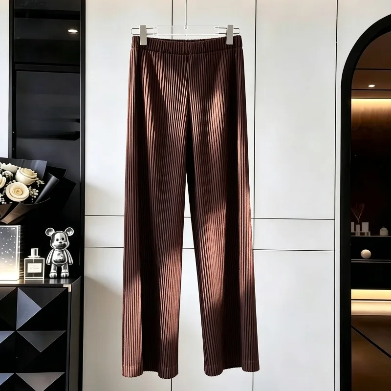 Miyake Pleated Pants Autumn New Simple Casual Fashion Thickened Fabric Solid Color Straight Wide-Leg Pants Women's Commuter Wear