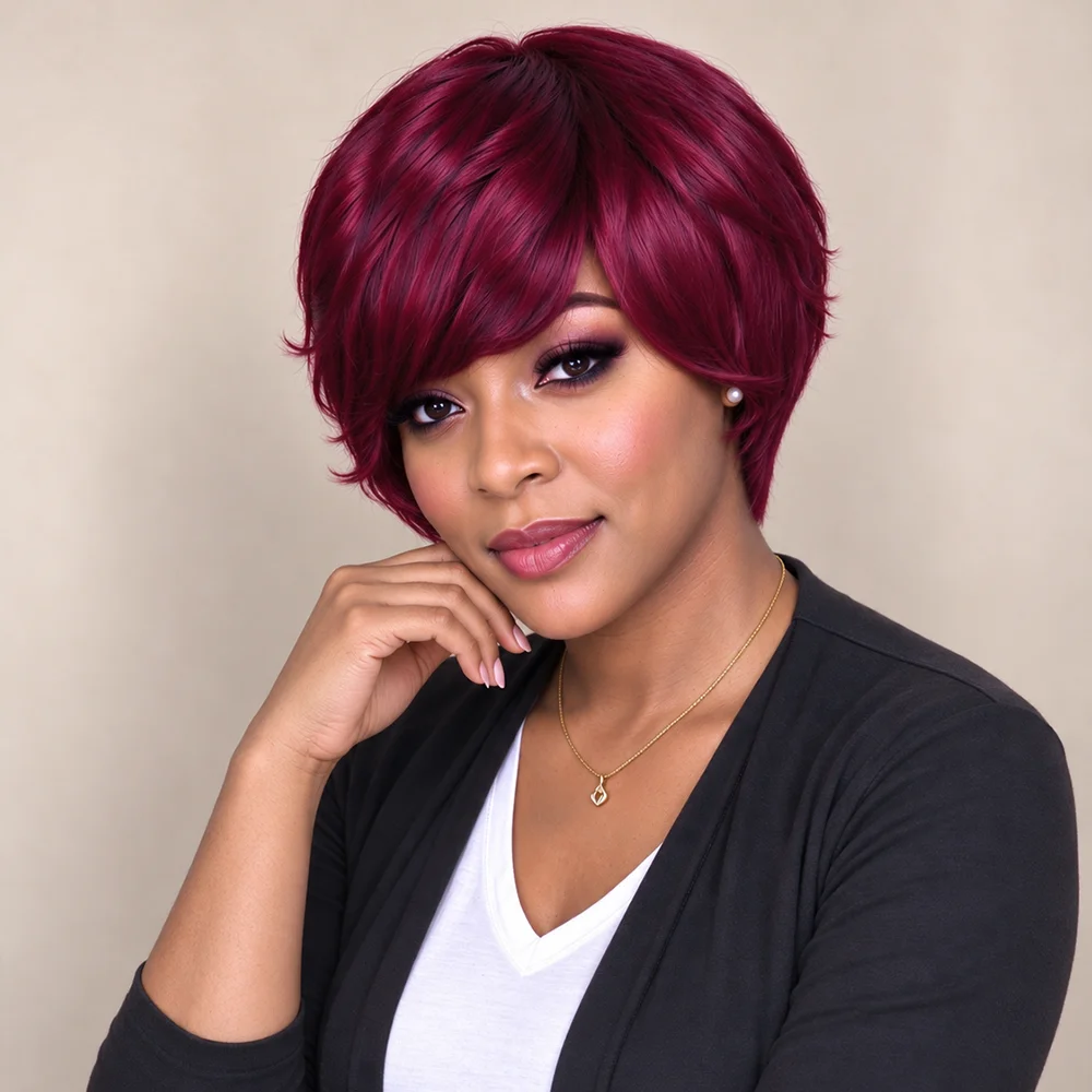 Burgundy 99J Pixie Cut Wig Human Hair for Women Full Machine Made Short Straight Hair Wig with Long Bangs for Christmas