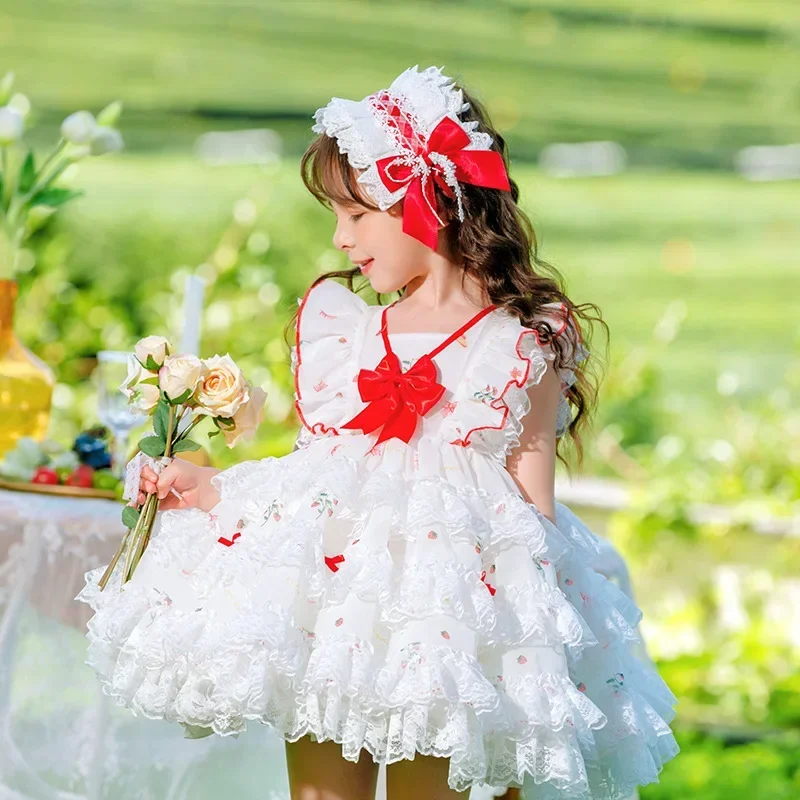 Summer New Lace With Red Bow Girls Lolita Dress Kids Clothing Baby Cute Floral Cake Skirt Kawaii Party Dresses Gifts For Baby