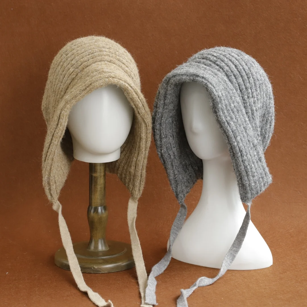 2026 new Woolen Yarn Knitted Loose Tie Up Hood Loose Fitting Windproof Warm Hat Soft and Skin Friendly Warm Ear Protection Hat