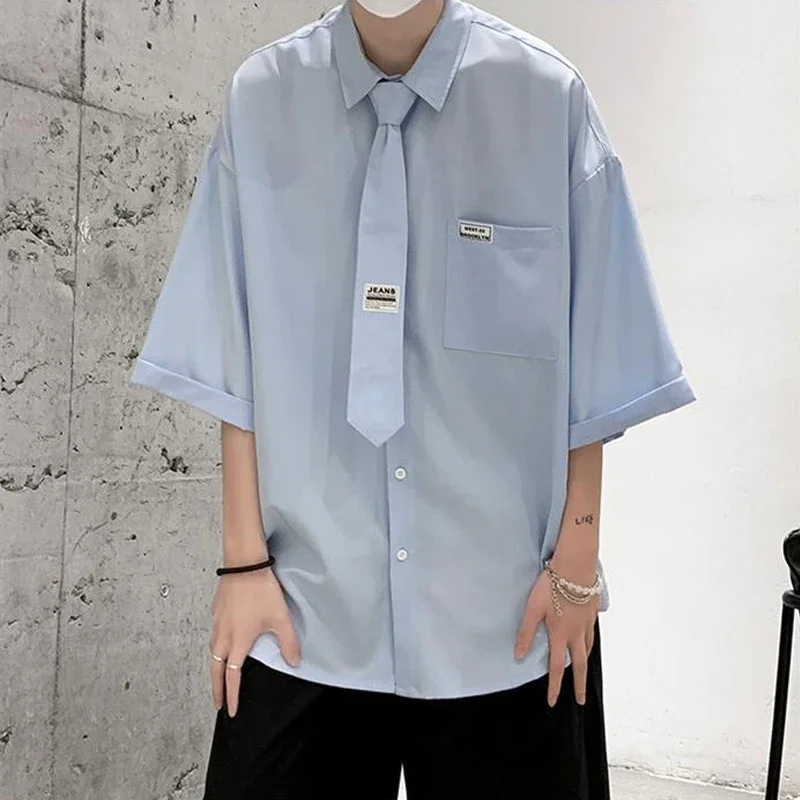 EBAIHUI Men's Solid Shirts Summer Short Shirts with Tie Male's Tops Loose Turn-down Collar Half Sleeved Casual Blouses for Male