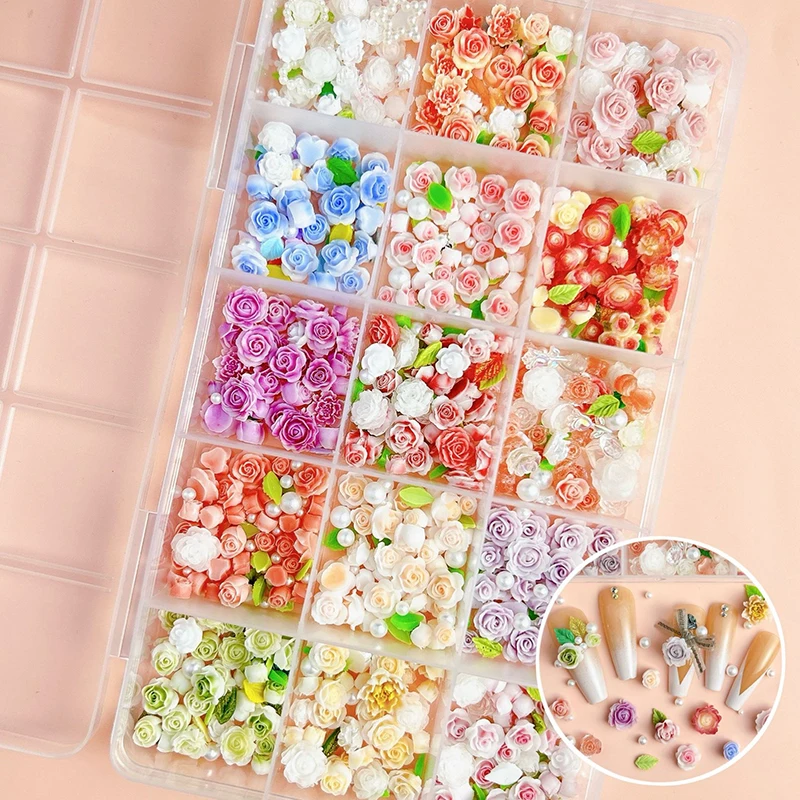 Kit de 24/42 rejillas para decoración de uñas, flores 3D, hojas de resina mezcladas, cuentas de perlas, dijes de mariposa, juego de decoración de manicura, salón artesanal DIY