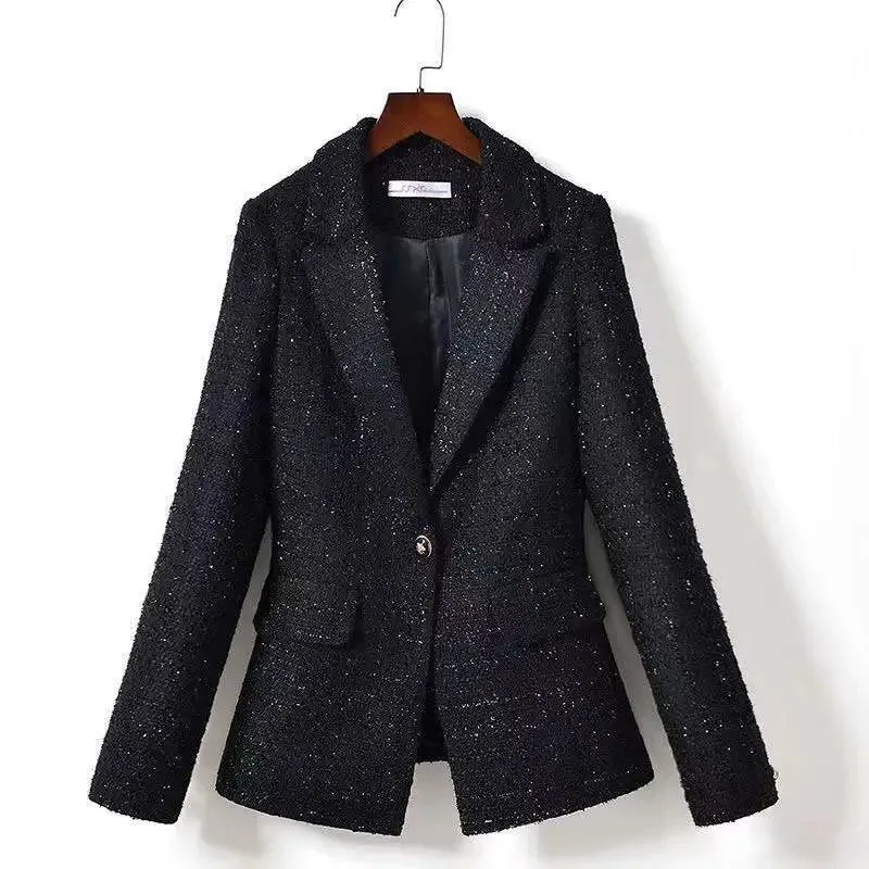 Women\'s Blazer Tops Fashion Coarse Tweed Woolen Woolen Suit Jacket Woman 2024 New Spring Autumn Casual Coat Casaco Feminino