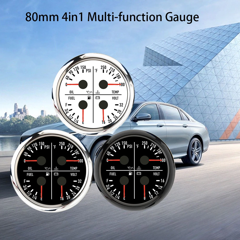 RHAXEL 80mm 4in1 Fuel Level Oil Pressure Gauge 0-150PSI Water Temp. Voltmeter 12V 24V with 7 Colors Backlight for Car Vessels