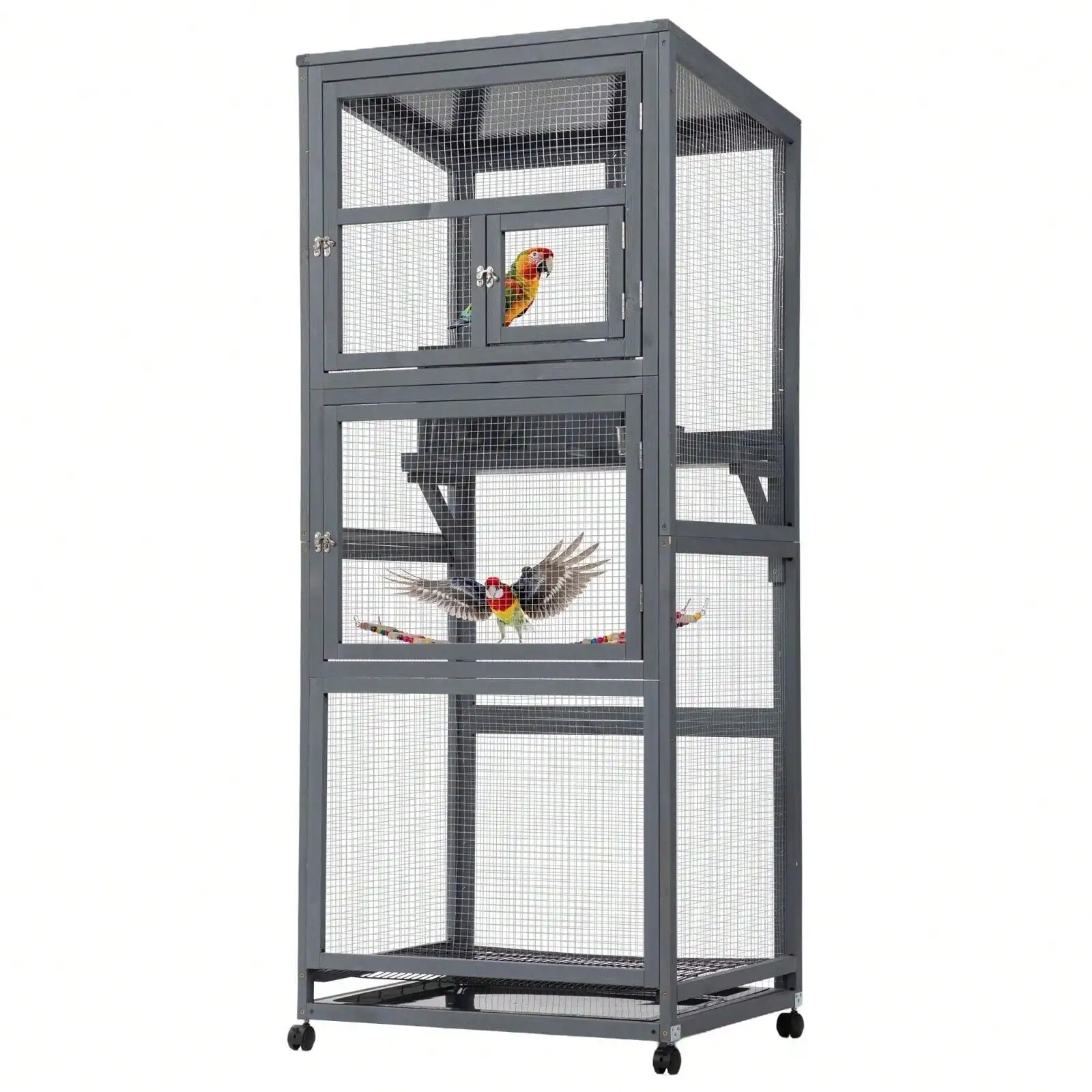 

68"H Large Wood Bird Cage on Wheels Outdoor Bird Aviary w/Pull Out Tray