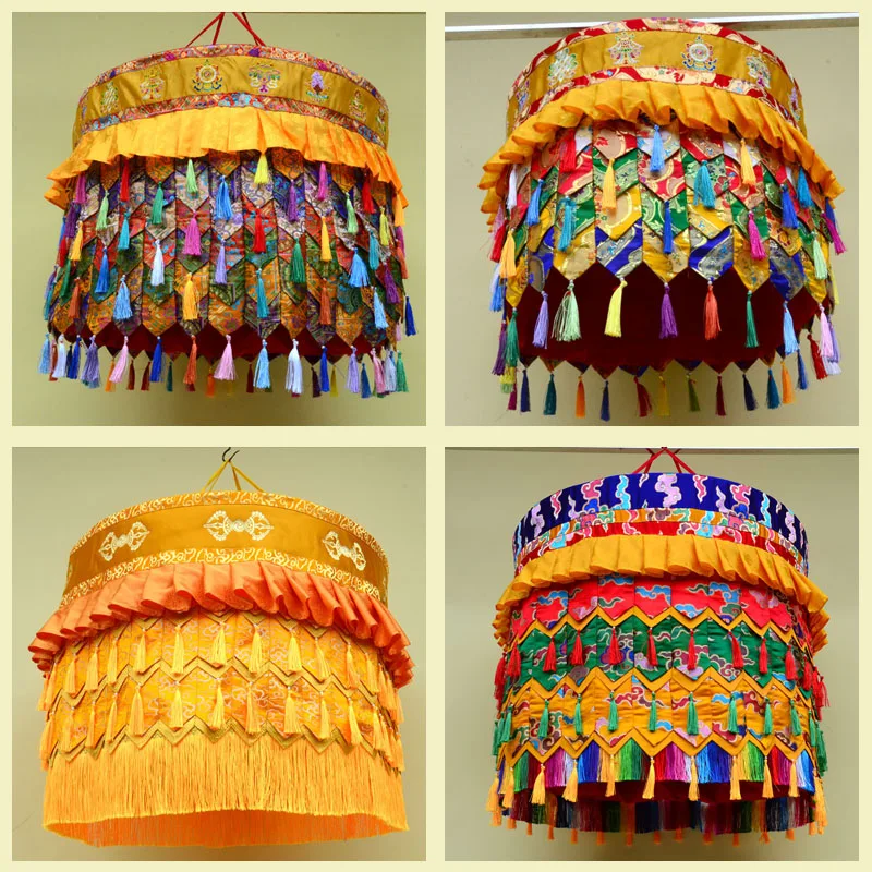 Yellow Buddhist Canopy Five Color Pointed Trim 80 cm Diameter 60 cm Tall Hanging Altar Decoration, Traditional Religious Textile