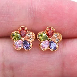 Fashion Gold Color AAA+ Cubic Zirconia Romantic Women Multicolor CZ Flower Stud Earrings Jewelry