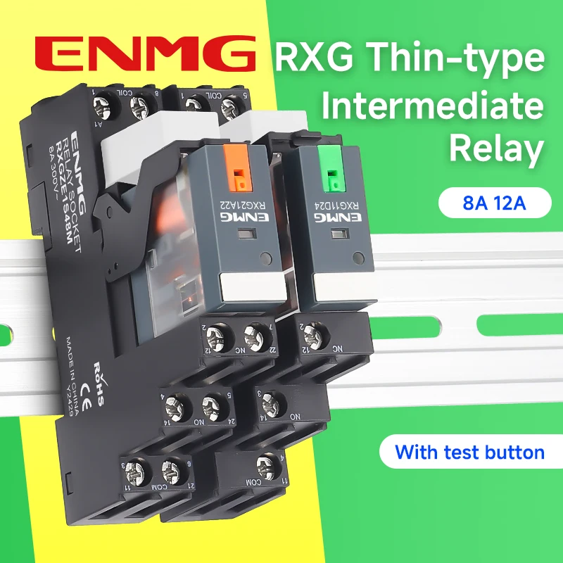 ENMG RXG Intermediate Electromagnetic Relay Set 24VDC with LED 8-Pin 5-Pin 220VAC Plug-in Base Surge Protection 2NO 2NC DIN35mm