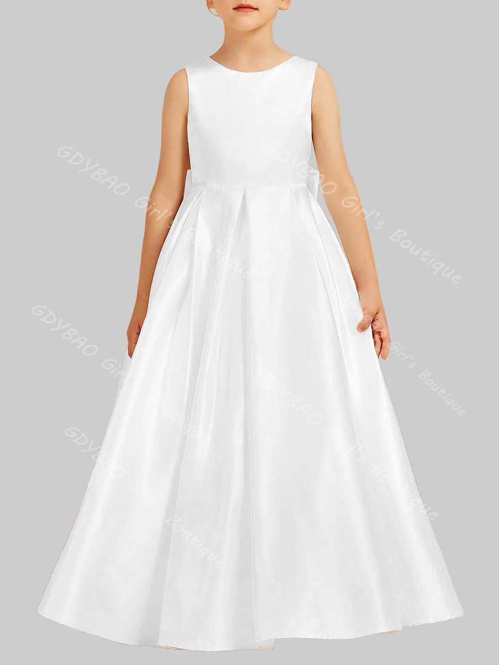 사용자 정의 공주 꽃 소녀 드레스 새틴 활 쉬어 백 민소매 성찬식 드레스 키즈 발목 길이 웨딩 파티 가운