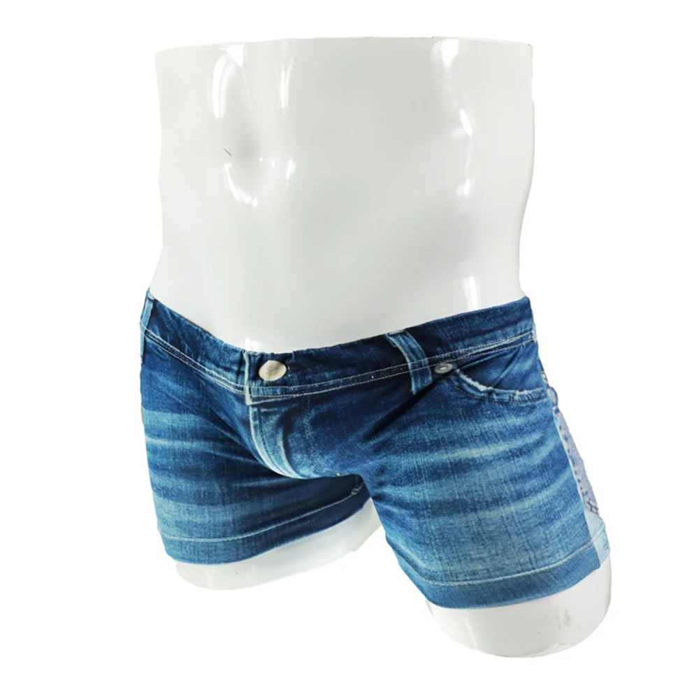 Men Big Pouch Ice Silk 3D Denim Printed Shorts Fake Jean Underwear Stretch Briefs New Fashion Cow Boy Underpants Trunks A5