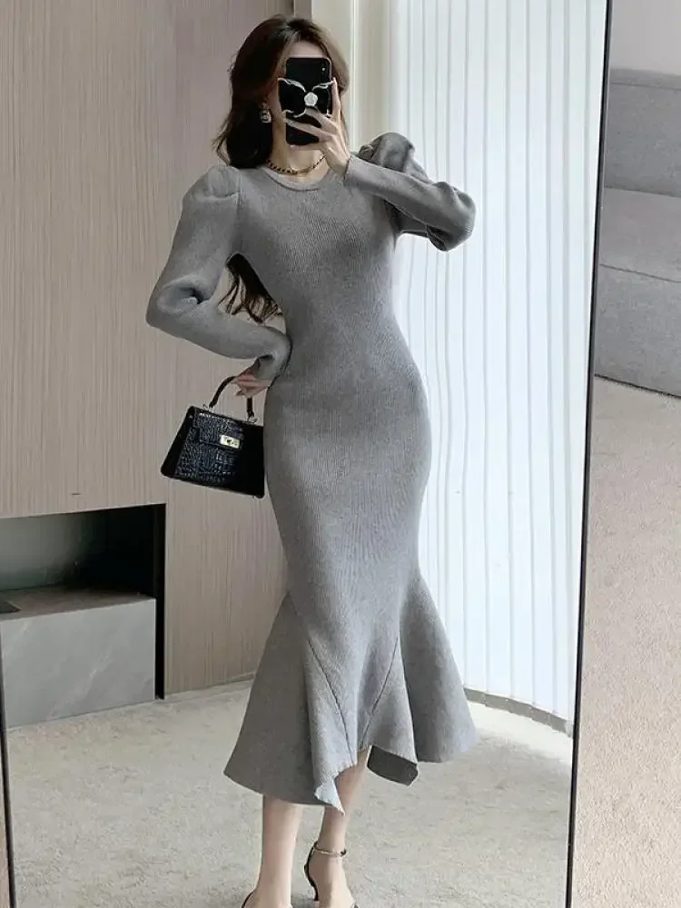 

Autumn Winter Vintage Elegant Office Ladies Gray Slim Dress Women Black Long Sleeved Round Neck Ruffle Mermaid Party Dress Trend