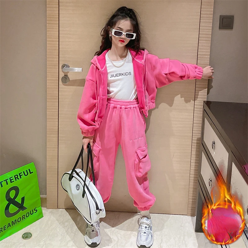 Winter Teenage Girls Clothing Set fleece Thinck Warm Hooded Outerwear+Sport pants 2Pcs Casual kids School suit Children Outfits