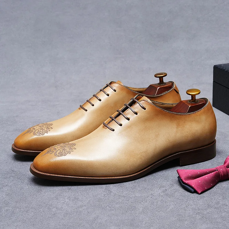 Men's Luxury Floral Embroidered Genuine Leather Oxford Shoes Designer Whole-Cut Formal Wedding Business Dress Shoe Male Footwear