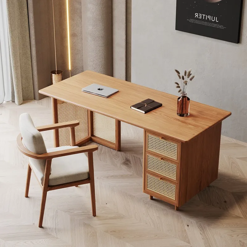 

Simple ins Japanese rattan solid wood desk bedroom study table home office writing desk storage workbench