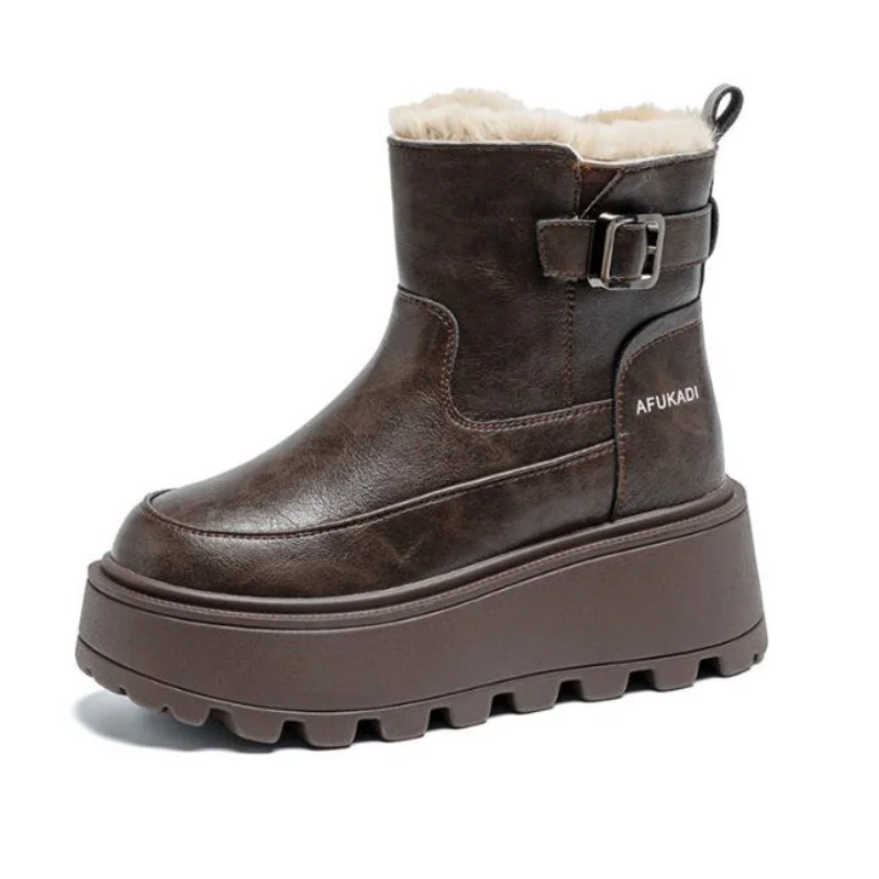 7.5cm Platform Womens Snow Ankle Boots Leather Short Plush Cotton Shoes Trend Fashion Warm Cozy Women High-top Ankle Boots Botas