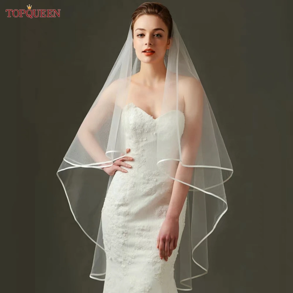 TOPQUEEN V97 Short Wedding Veils Ribbon Edge Bride Veil 2 Layer Veil Elegant Bridal Wedding Veil for Bachelorette Party Accessor