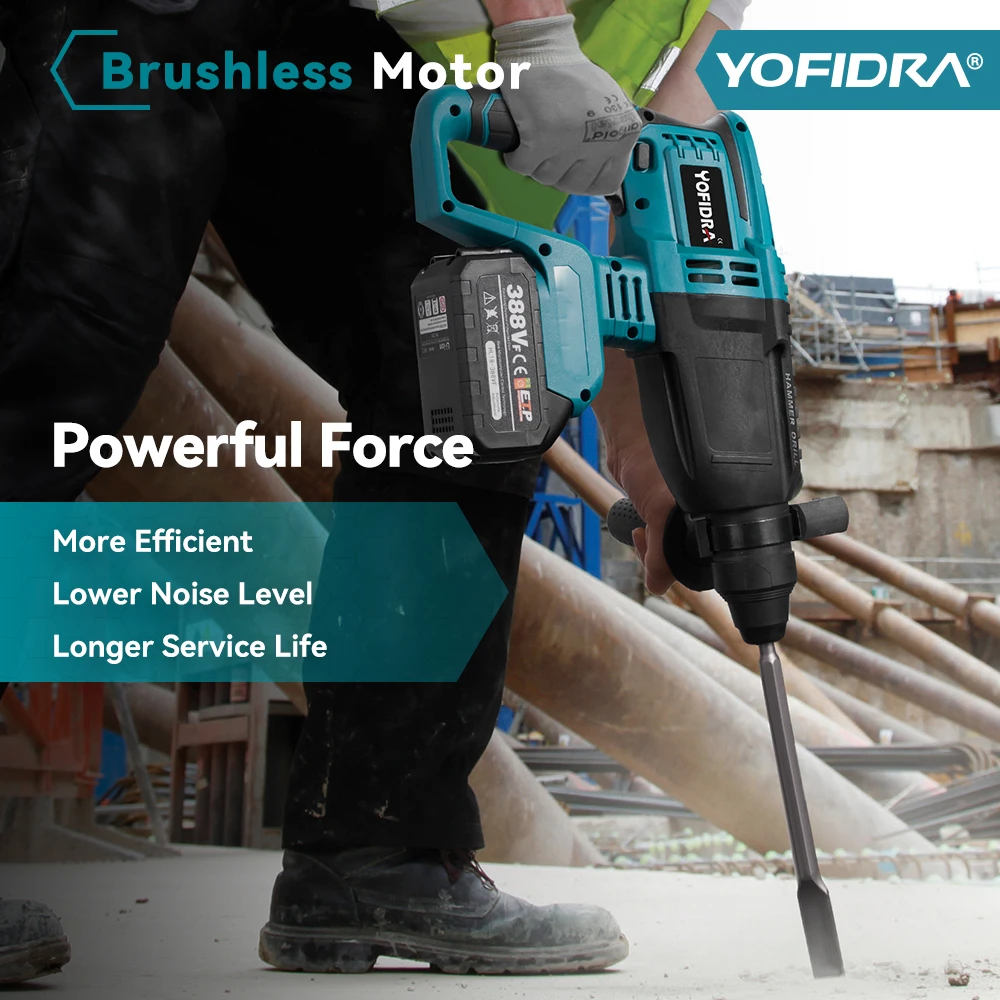 YOFIDRA 26mm Brushless Electric Hammer Multi-function Cordless Drilling Wall Loose Soil Impact Drill Tool For Makita 18V Battery