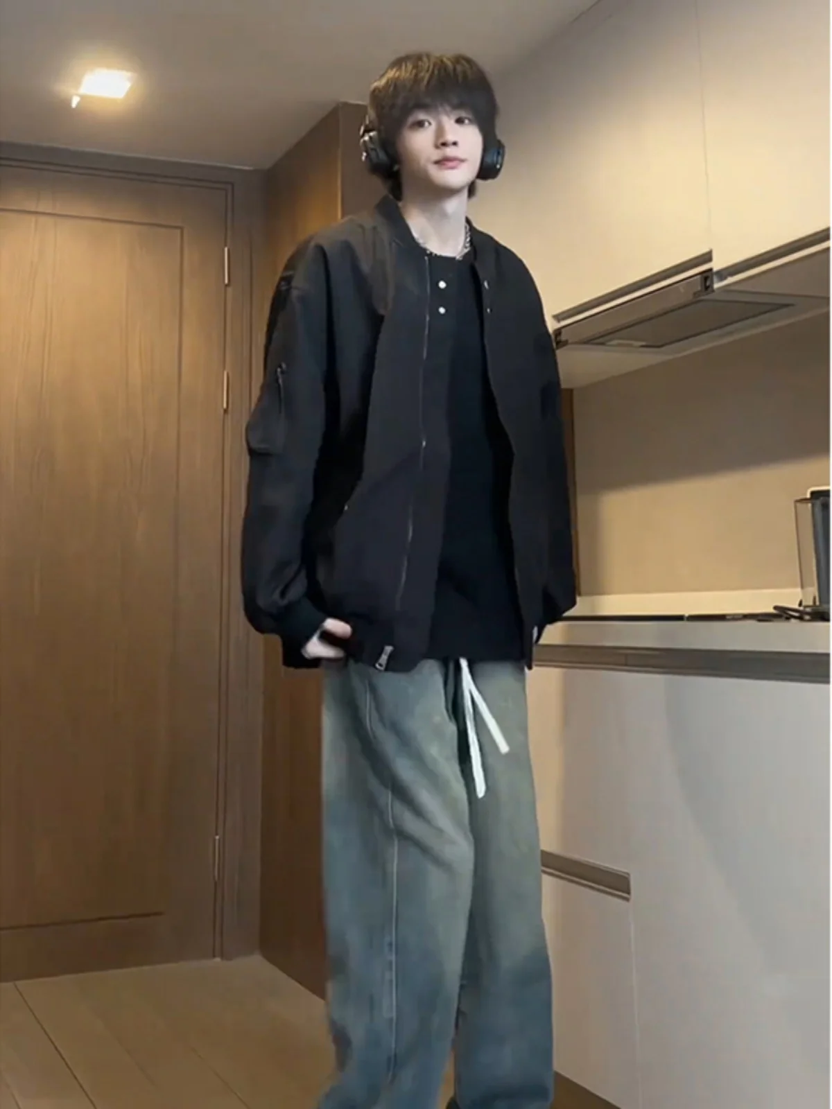 

Cleanfit Bla Baseball Jaet Men's Spring Autumn Sle Retro American MA Pilot Jaet Stand Fit Youth Trend Polyester N...