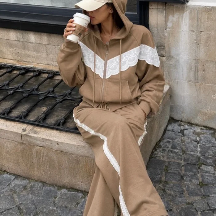 Korean Chic Ruffle Splice Hooded Set Zipper Open Cardigan Coat Lace Wide Leg Pants Two Piece Set Women's Casual Sportswear