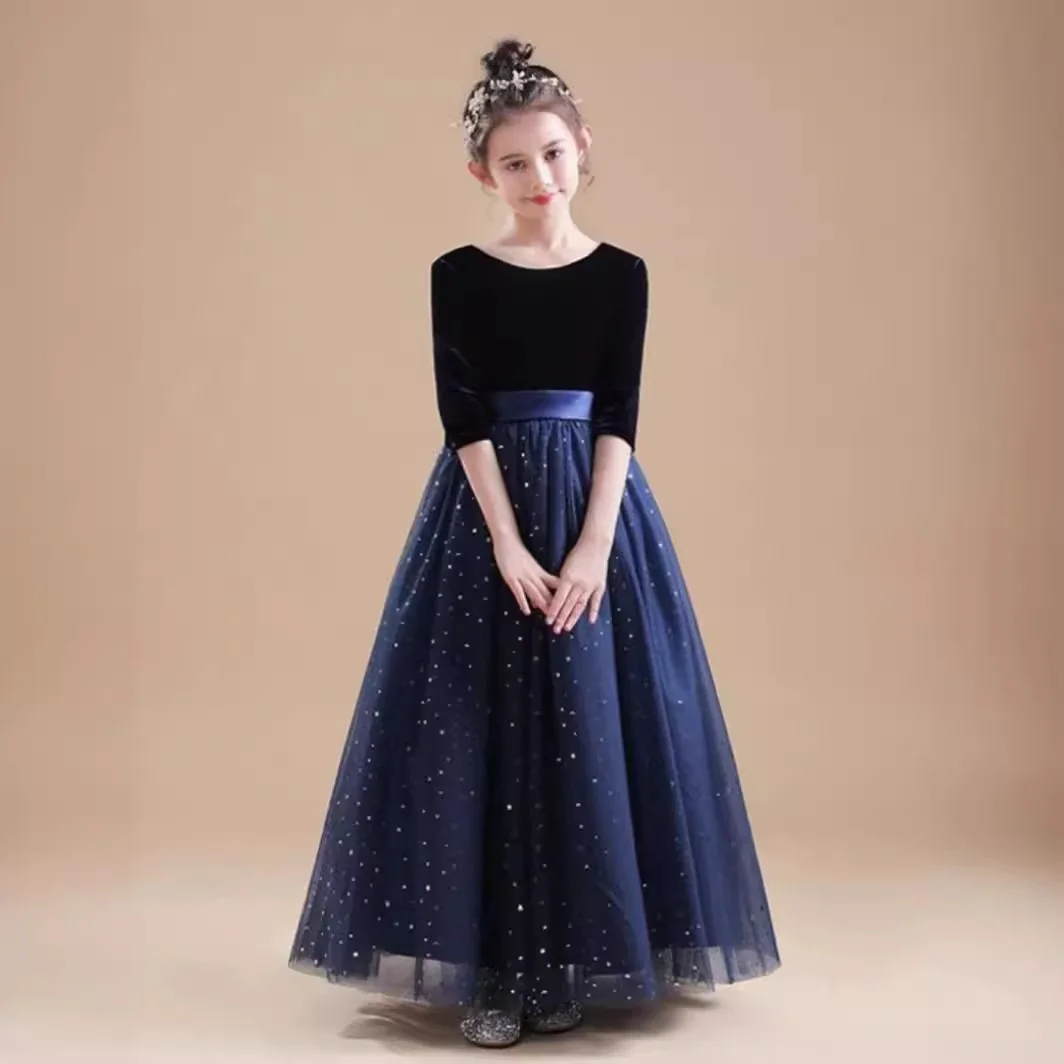 Sukienka dla dziewczynki do sypania kwiatów Yiiya, granatowy aksamit, tiul, dekolt w serek, rękawki do połowy ramienia, zamek błyskawiczny z tyłu, krój A, długość do podłogi, model T061